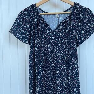 Simple Fun Women's Floral V-Neck Short Sleeve Blouse‎ Large Blue